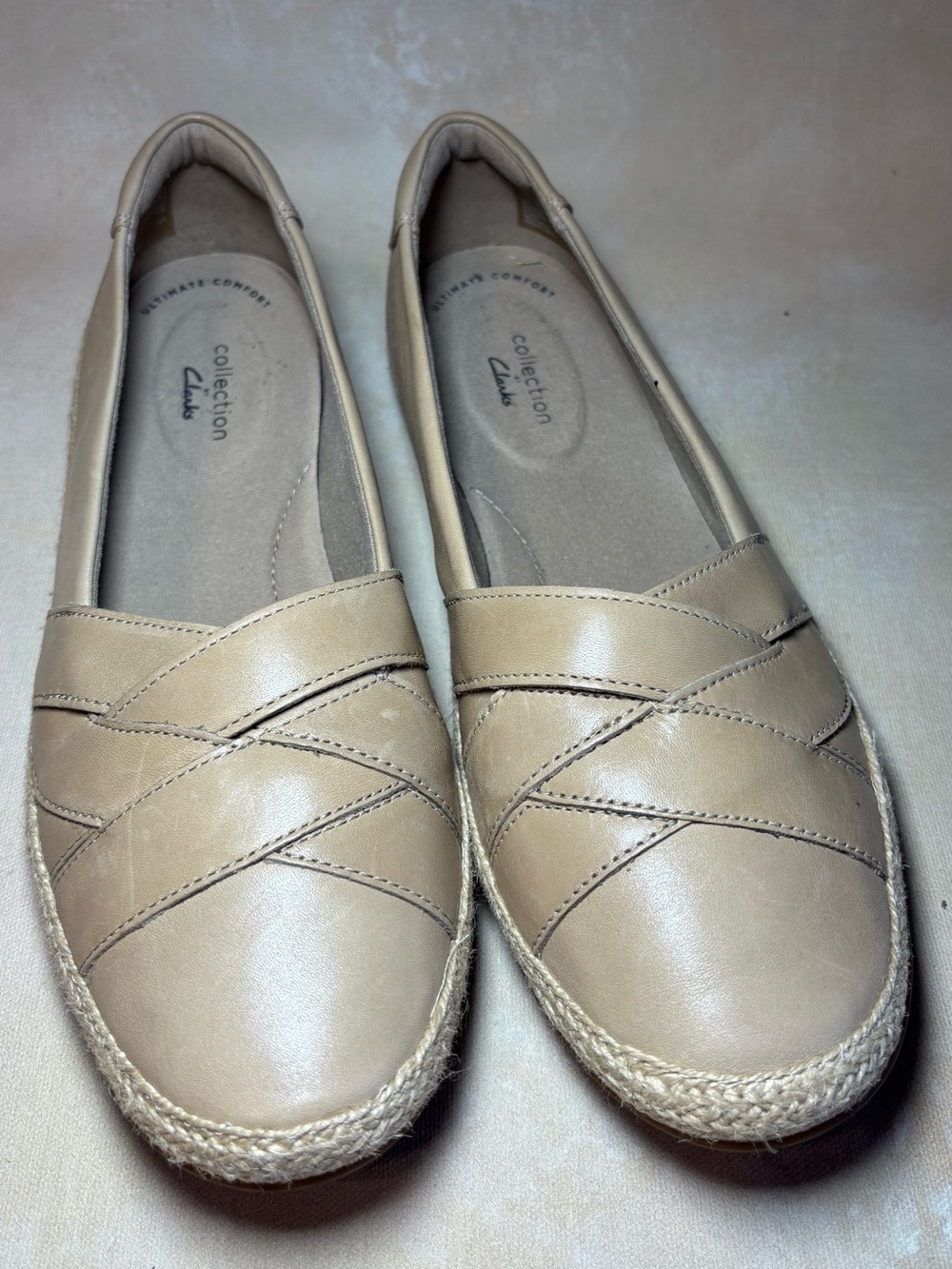Clarks Collection Women’s Danelly Shine Slip-On Flats, Espadrille trim, leather